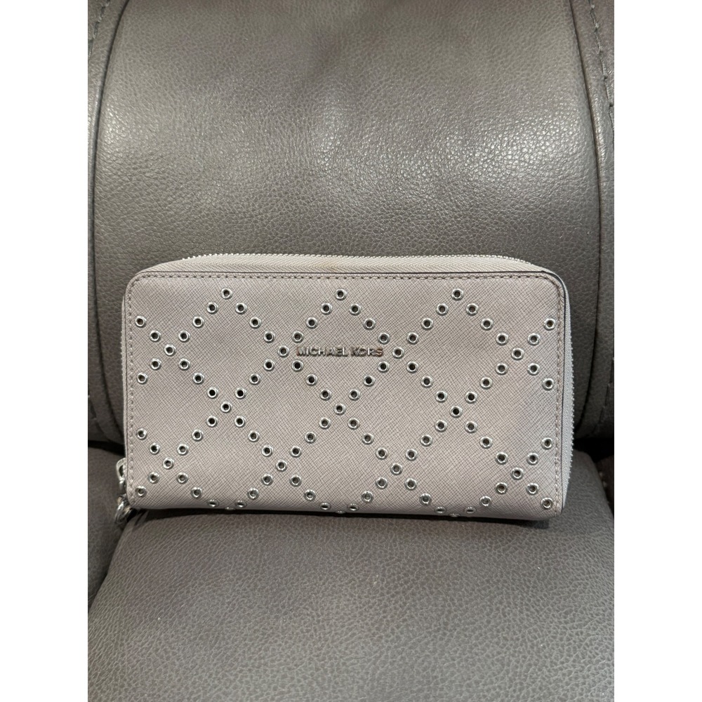 Michael Kors Grey Saffiano Leather Studded Grommet Zip Around Continental Wallet